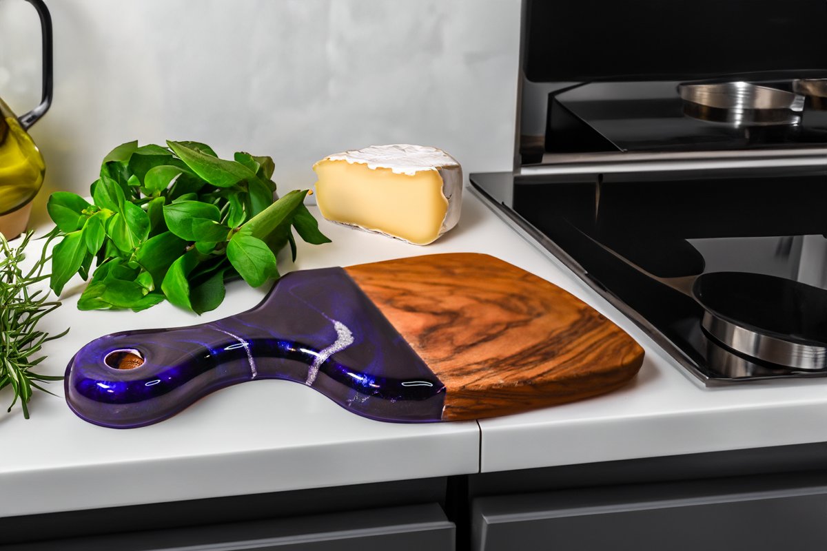 Stunning resin art cheeseboards decorating the kitchen while not in use.