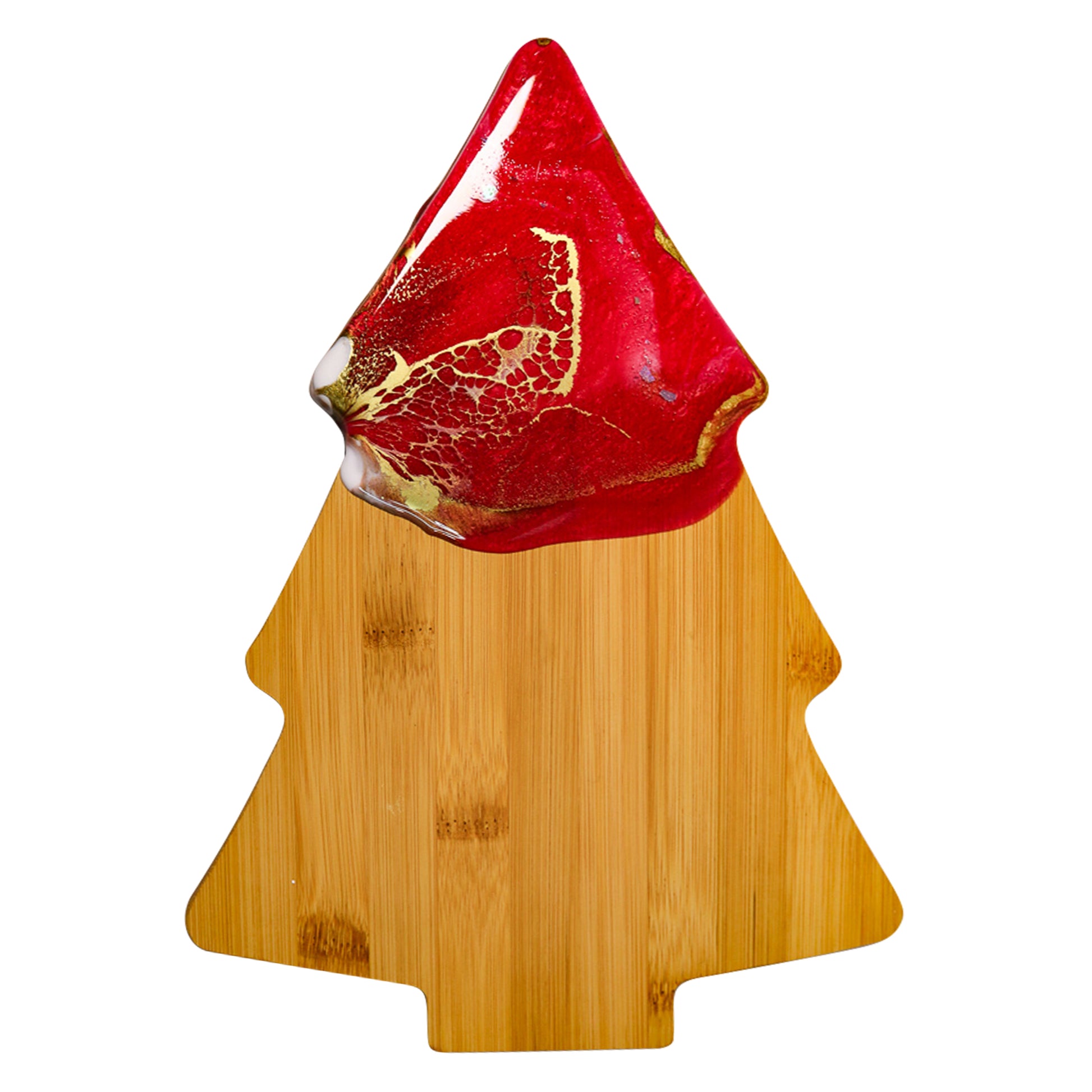 Christmas tree-shaped cheeseboard with stunning red, white, and gold resin art and holographic glitter accents, perfect for festive entertaining. Item 006 in WildArt's 'Santa's Gift' collection.