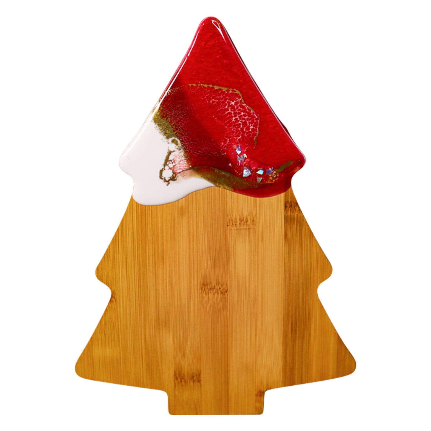 Christmas tree-shaped cheeseboard with stunning red, white, and gold resin art and holographic glitter accents, perfect for festive entertaining. Item 008 in WildArt's 'Santa's Gift' collection.