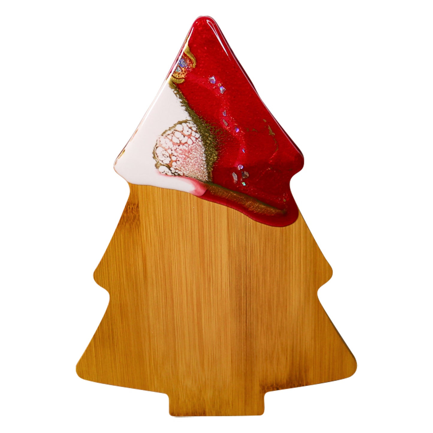 Christmas tree-shaped cheeseboard with stunning red, white, and gold resin art and holographic glitter accents, perfect for festive entertaining. Item 009 in WildArt's 'Santa's Gift' collection.