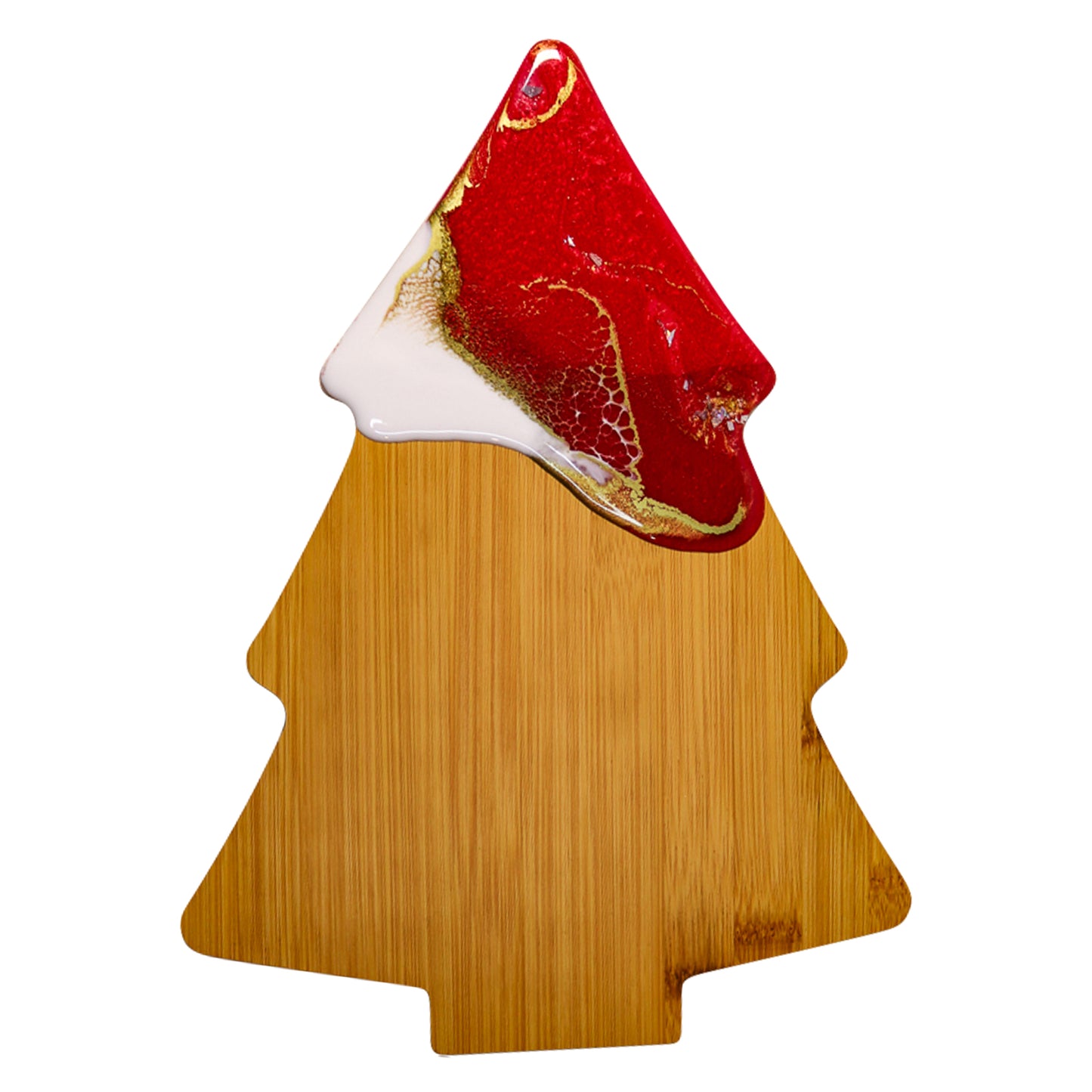 Christmas tree-shaped cheeseboard featuring beautiful red, white, and gold resin art with holographic glitter accents, ideal for holiday gatherings. Item 010 in WildArt's 'Santa's Gift' collection.