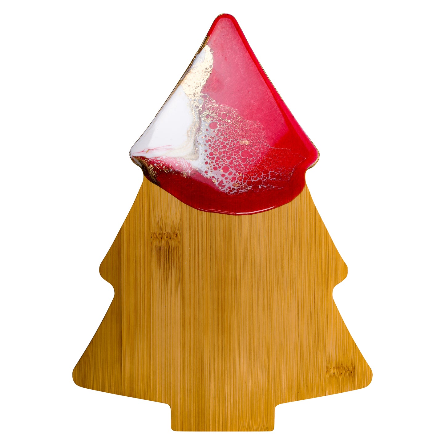 Christmas tree-shaped cheeseboard with stunning red, white, and gold resin art and holographic glitter accents, perfect for festive entertaining. Part of WildArt's 'Santa's Gift' collection.