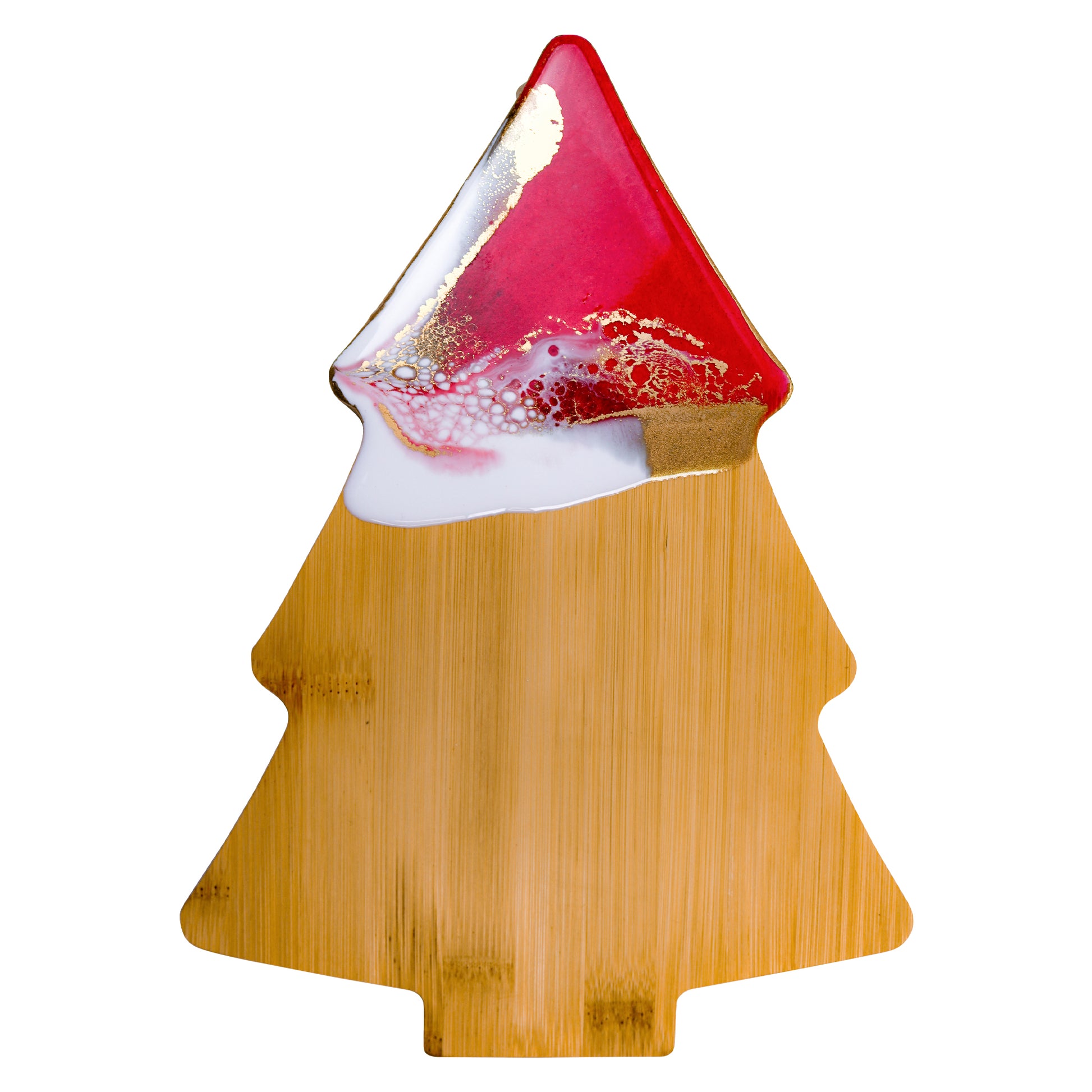 Christmas tree-shaped cheeseboard with stunning red, white, and gold resin art and holographic glitter accents, perfect for festive entertaining. Part of WildArt's 'Santa's Gift' collection.